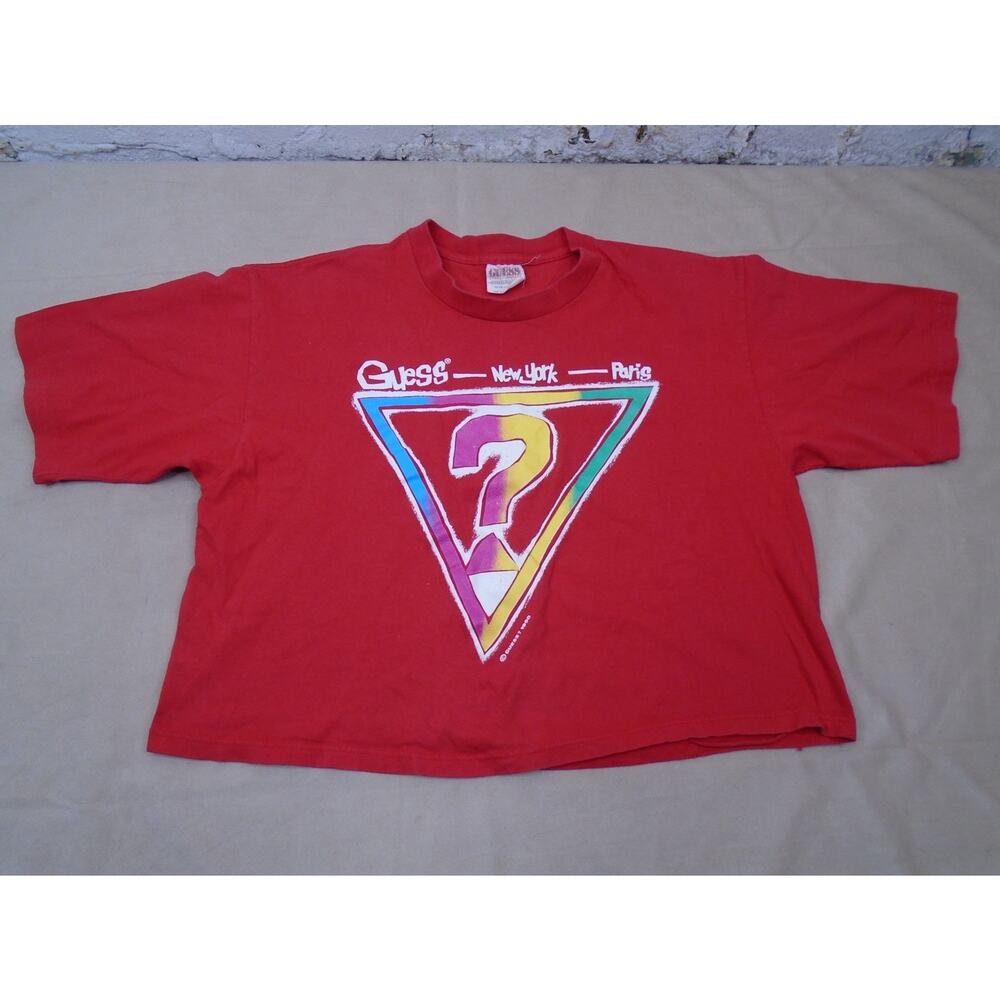 Vintage 90s Womens Guess New York Paris Cropped T Shirt Red Graphic Medium*